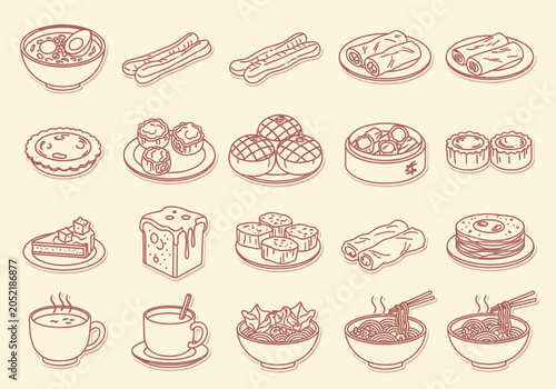 Bild auf Leinwand Traditional Dim Sum and Chinese Breakfast Line Art Icon Set