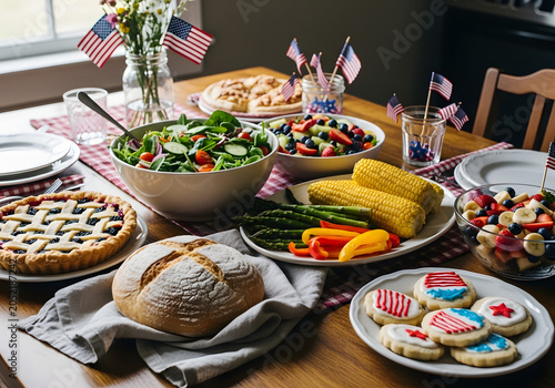 Indoor Independence Day Celebration with Family Food on Table