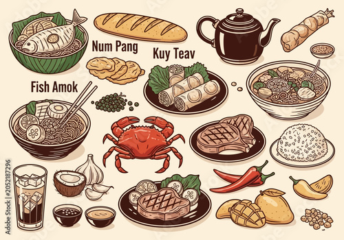 Photos Traditional Cambodian Cuisine Illustration Set featuring Fish Amok, Kuy Teav, Nu