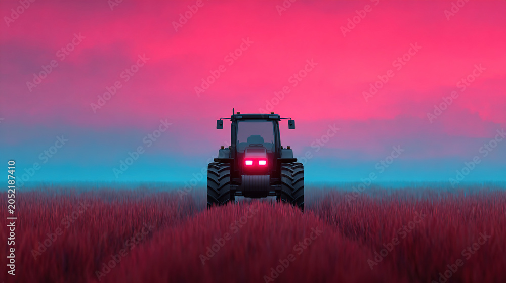 Fototapeta premium A futuristic, autonomous tractor navigates a vast, emerald-green field of genetically modified crops, pulsating with bioluminescence under a neon sky