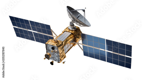 Foto Space satellite with solar panels and dish antenna