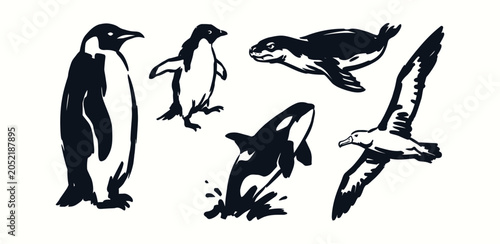 Tableau sur toile Antarctic Wildlife Ink Illustrations with Penguin Orca and Seal for Environmenta