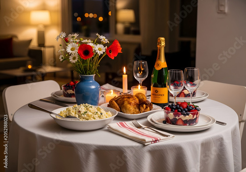 A romantic dinner setup with flowers, wine, and food on a table indoors at night