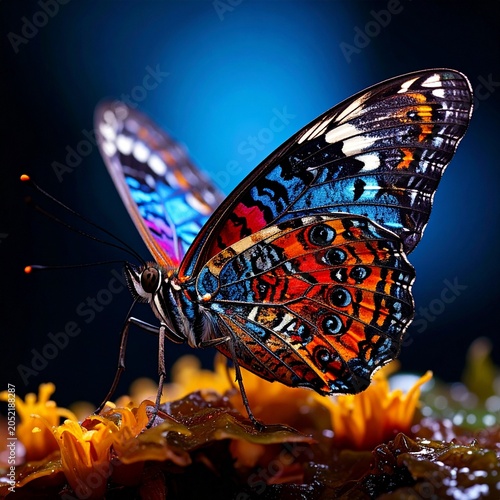 Hyper-macro view of a butterfly in full body, featuring detailed wings, realistic textures, and sharp focus