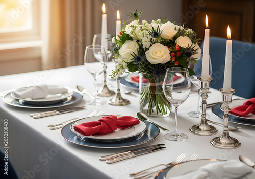Elegant dinner table setting with flowers and candles indoors for a special occasion in a restaurant