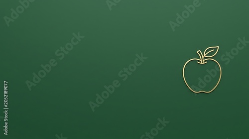 Minimalist gold apple outline on dark green background with copy space