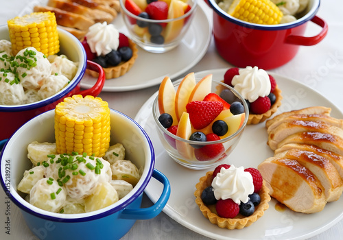 Delicious outdoor picnic spread featuring assorted desserts fruits and savory dishes on colorful cookware