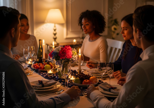Family gathers around a dinner table enjoying a warm evening with food flowers and candles in a cozy indoor setting with people.