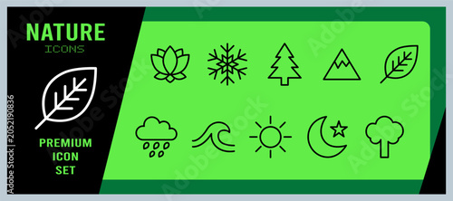 A collection of nature-themed line art icon set including a lotus, snowflake, tree, mountain, leaf, rain cloud, wave, sun, moon, and forest tree.