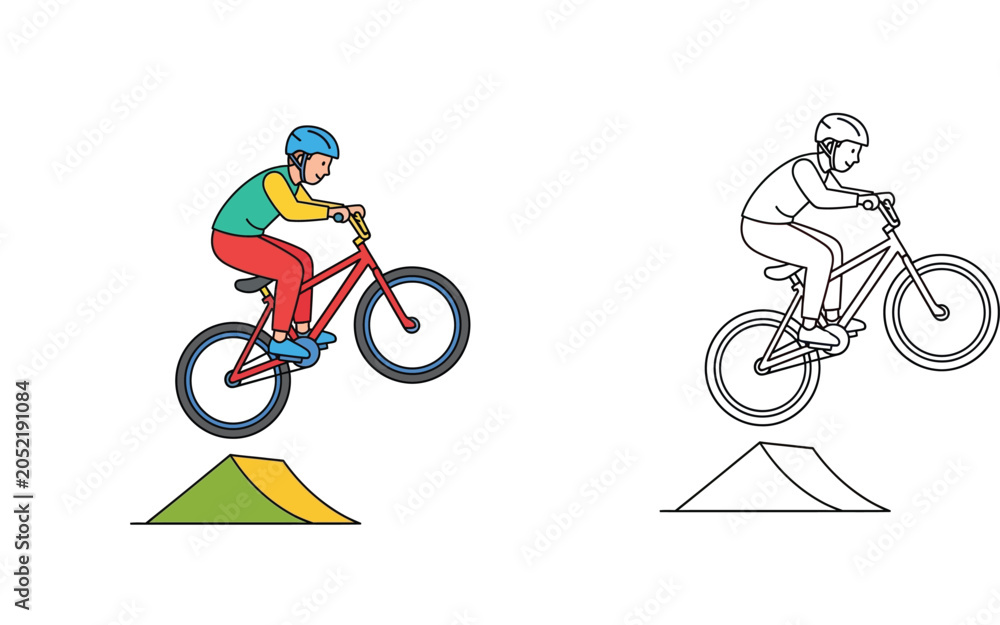 Naklejka premium oy jumping with a BMX bike over a ramp, colorful cartoon illustration and line art coloring page set for kids outdoor sports and leisure activity