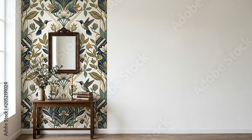 Elegant interior with hummingbird wallpaper and blank wall mockup