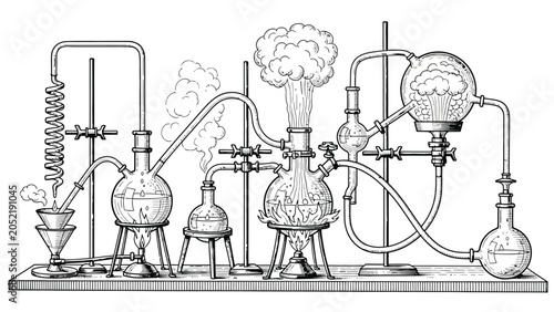 Fényképezés Laboratory experiment with beakers and flasks distillation process creating steam and chemical reactions scientific research laboratory equipment and apparatus detailed illustration