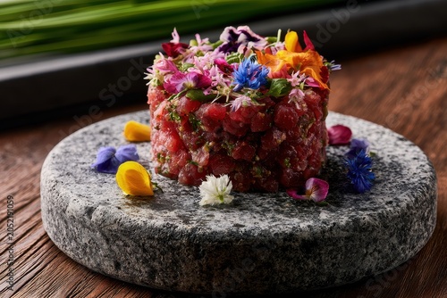 Beef tartare garnished with edible flowers resting on a granite stone plate in a moody macro shot for luxury culinary marketing