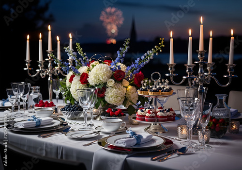 A romantic evening dinner setup with flowers and candles on a table overlooking a festive fireworks display at night.