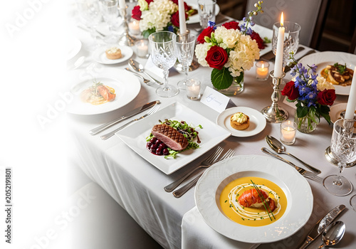 A formal dinner table setting with food, flowers, and candles is prepared for a special evening meal indoors with people.