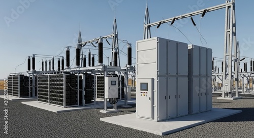 Modern renewable energy battery storage system at a power substation