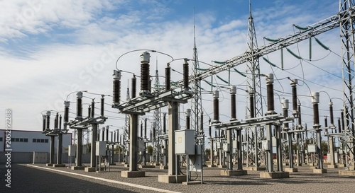 Vast electrical substation with intricate infrastructure and towering insulators under a cloudy sky