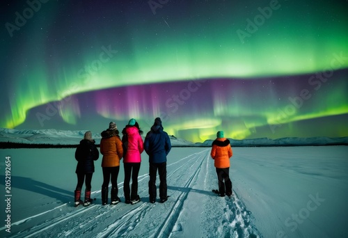 Tourists Watching Stunning Aurora Borealis Over Frozen Lake Shore
