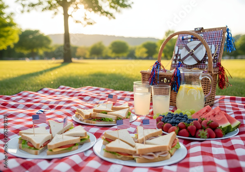 A romantic summer picnic setup with sandwiches, fruits, and drinks on a red and white checkered tablecloth in a green park.