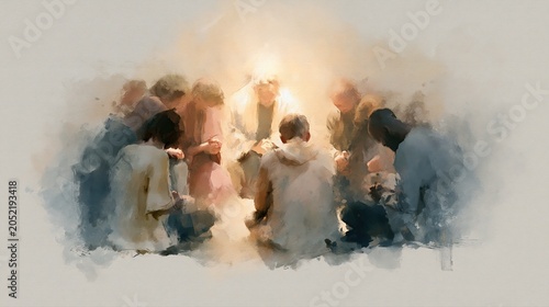 Diverse Christian Prayer Group Gathered in Soft Light, Watercolor Worship and Community Illustration