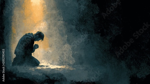 Kneeling Man Praying in Darkness Under Warm Light, Dramatic Christian Watercolor Illustration