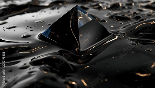 A sleek, polished black pyramid resting in a pool of dark, viscous liquid with subtle golden reflections and droplets on the surface