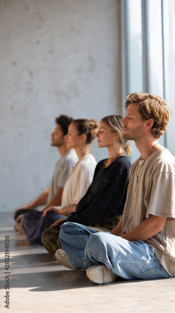 Obraz premium Diverse Group Practicing Mindfulness Meditation in Sunlit Studio Embracing Mental Wellbeing and Inner Peace