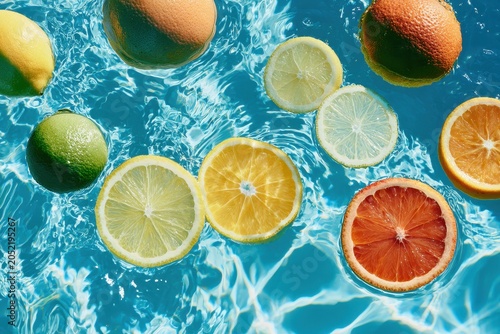 Citrus fruit slices floating in blue rippling water with bright sunlight and sharp focus for summer beverage and skincare marketing