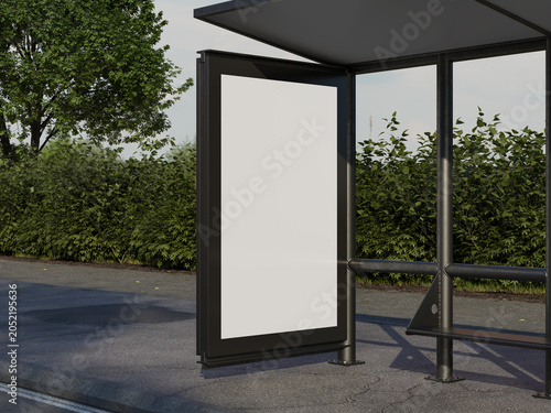 Foto Realistic Front View Metal Frame Blank White Poster Mockup on Bus Stop Shelter 3
