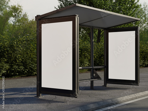 Foto Realistic Front View Blank White Two Panel Poster Mockup on Bus Stop Shelter 3D
