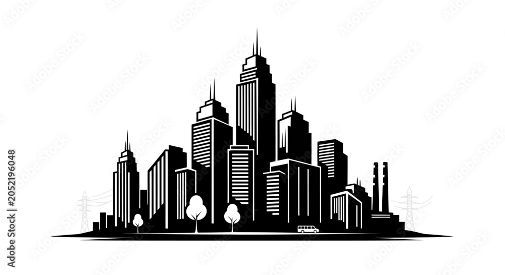 Fototapeta premium Modern City Skyline Silhouette - Business District with Skyscrapers and Trees