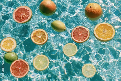 Citrus fruit slices floating in turquoise pool water with sunlit ripples for summer beverage advertising and wellness marketing