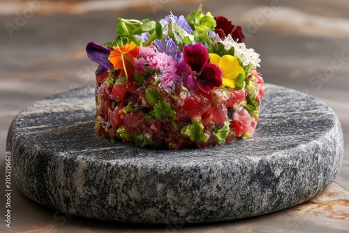 Prime beef tartare topped with colorful edible blossoms on a rustic granite stone in a sophisticated macro shot for high-end restaurant marketing