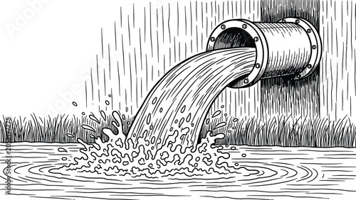 Photos Water flowing from large industrial pipe into body of water, creating splash and ripples, pollution or drainage concept, detailed sketch
