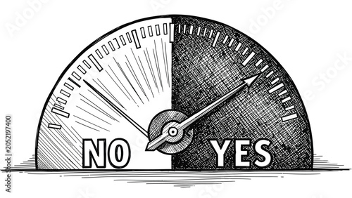 Tableau sur toile Dichotomous gauge with needle pointing between 'no' and 'yes' indicating a decision, choice, or measurement of agreement