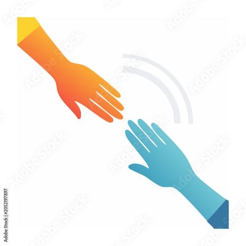 Two hands reaching out with gradient colors on white background