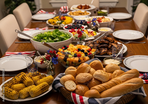 Variety of food on a dining table with bread and salad.