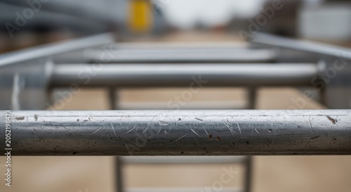 Close-up texture of a worn silver metal ladder rung with visible scratches, showcasing industrial detail