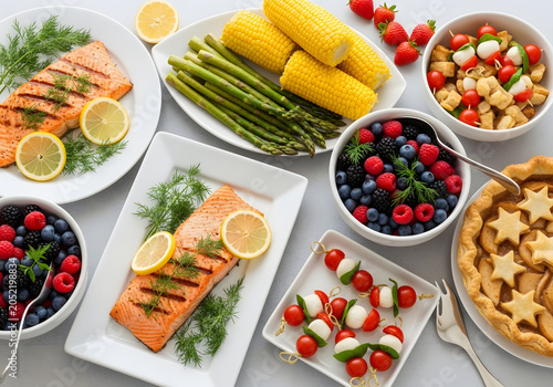 Delicious food spread with salmon, corn, asparagus, berries, and pie on a table.