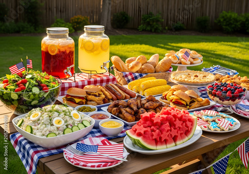 Outdoor picnic table loaded with food and drinks on a sunny day in the backyard garden