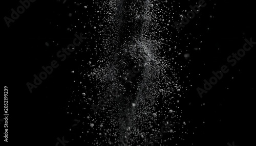 Abstract explosion of grey powder on black background, freeze motion of dust particles, cloud of fine particles in the air