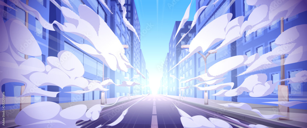 Naklejka premium Dynamic speed motion blue background, city street with building, road with line and run effect with clouds. Cartoon vector illustration with energetic racing perspective, marathon power trail
