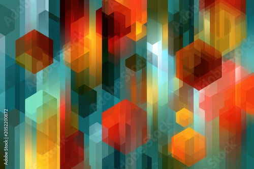 Hexagonal light patterns overlapping with vertical streaks in a vibrant teal and orange spectrum for technology and creative branding