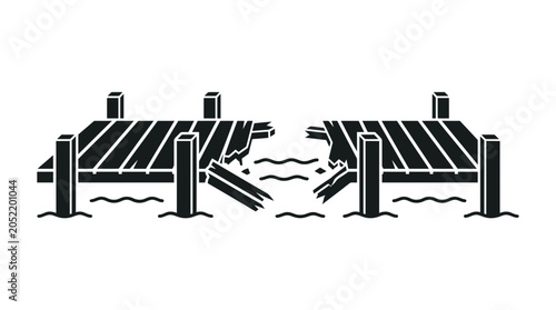 Schilderij op canvas Broken Dock Icon Symbol - Damaged Pier Over Water