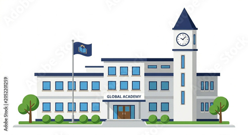 School building, educational institution, global academy, vector illustration isolated on Transparent Background