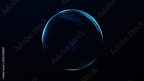 Dark blue minimal sphere illustration with soft cyan glow, premium science visual, futuristic technology mood, clean cyber orb on deep background art.