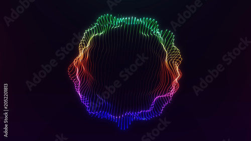 Multicolor audio wave orb illustration with glowing spectrum lines, music visualizer energy, digital sound design, neon rhythm on dark background art.