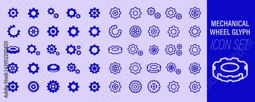 Obraz na płótnie Mechanical gear glyph icon set with cogwheel, sprocket and industrial machine sy