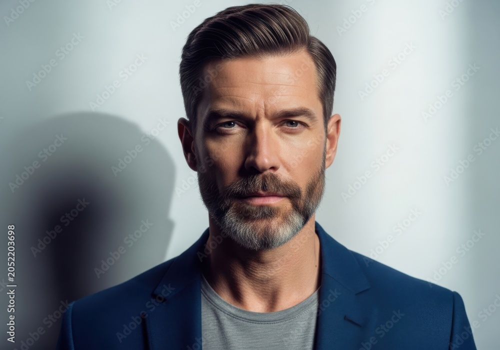 Obraz premium Professional man with short hair and beard wearing a blue suit jacket and gray shirt looking serious