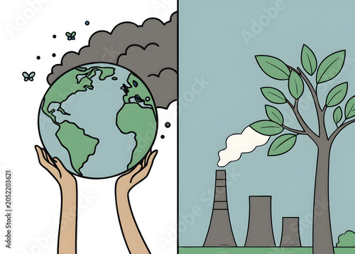 Hands cradle Earth with pollution versus clean energy factory and tree Isolated on transparent background